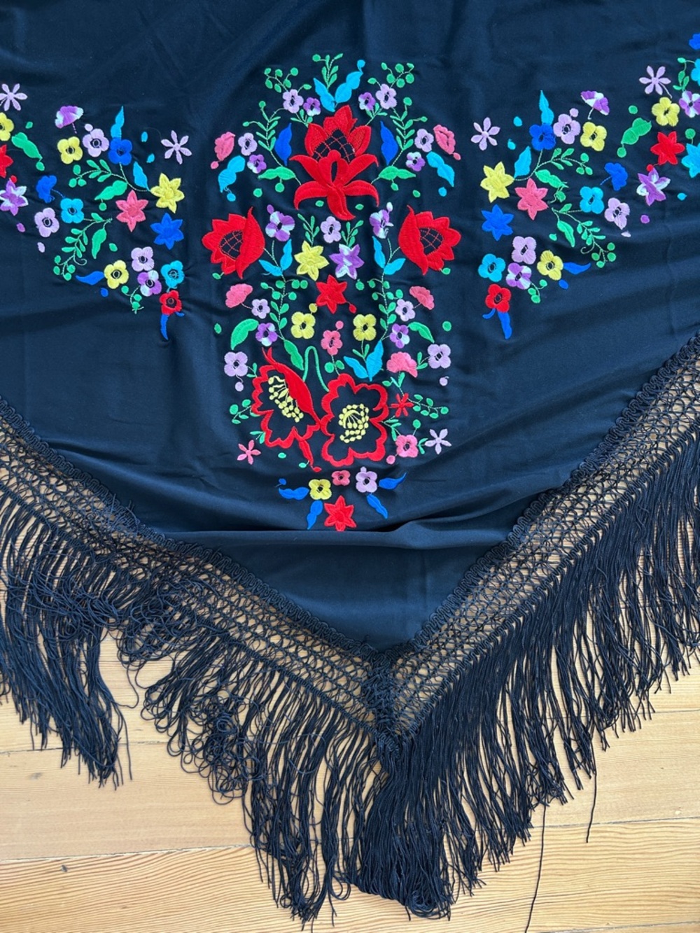 Black Fringed Triangle Shawl with Multicolor Floral Embroidery from Spain